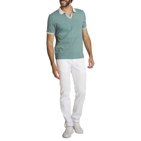 Polo en coton vert d'eau uni avec une coupe ajustée et un col v à revers - Image 5