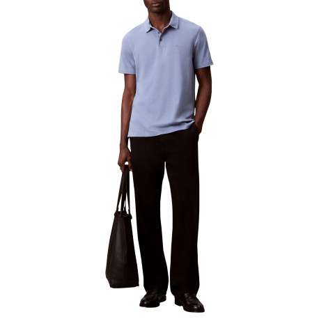 Polo en coton bleu uni avec une coupe droite et un col boutonné - Image 5