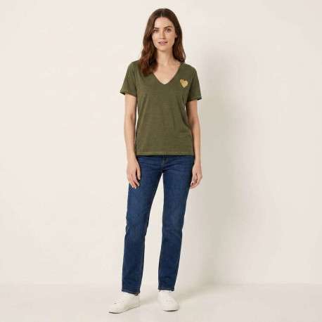 T-shirt kaki uni avec une coupe droite et un coeur imprimé à la poitrine - Image 2