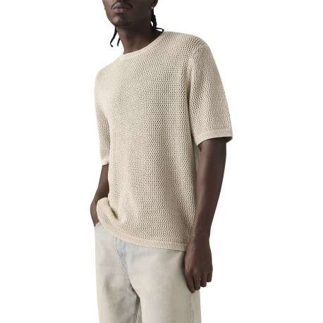 T-shirt en coton écru uni avec une coupe droite et un col rond bord côte - Image 3