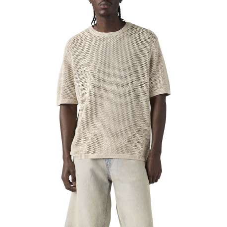T-shirt en coton écru uni avec une coupe droite et un col rond bord côte - Image 5