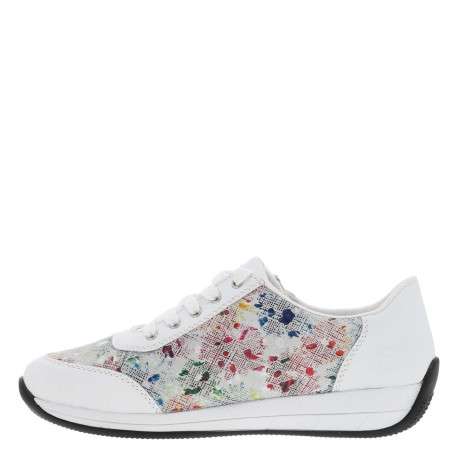 Baskets basses en cuir blanc imprimé couleurs à talon compensé et zip latéral - Image 3