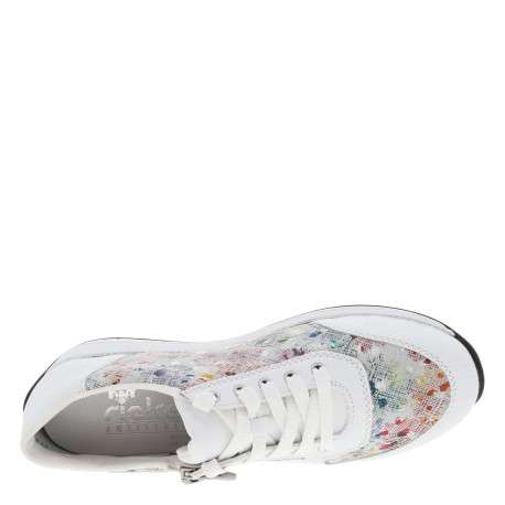 Baskets basses en cuir blanc imprimé couleurs à talon compensé et zip latéral - Image 5