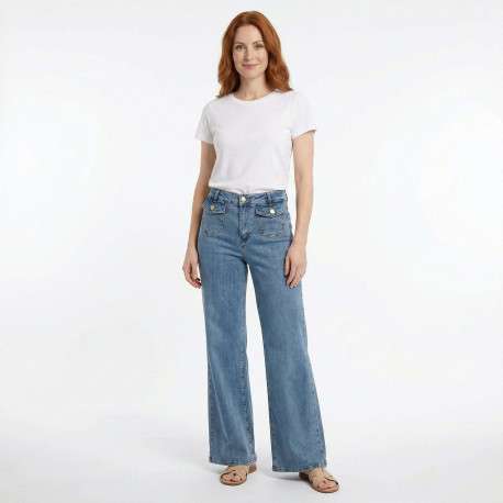 Jean Peyton en coton stone uni pourvu d'une coupe flare et d'une taille haute - Image 2