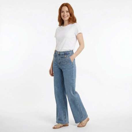 Jean Peyton en coton stone uni pourvu d'une coupe flare et d'une taille haute - Image 3