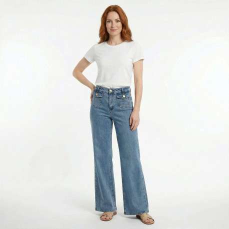 Jean Peyton en coton stone uni pourvu d'une coupe flare et d'une taille haute - Image 4