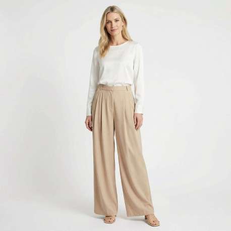 Pantalon Paline beige uni pourvu d'une coupe large et d'une taille haute - Image 2