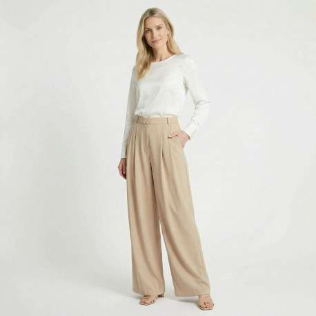 Pantalon Paline beige uni pourvu d'une coupe large et d'une taille haute - Image 3