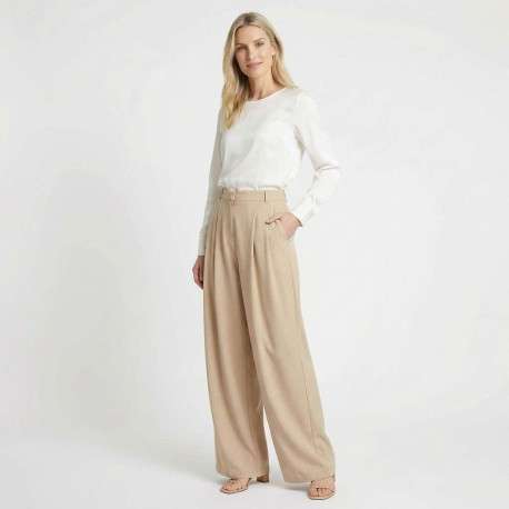 Pantalon Paline beige uni pourvu d'une coupe large et d'une taille haute - Image 4
