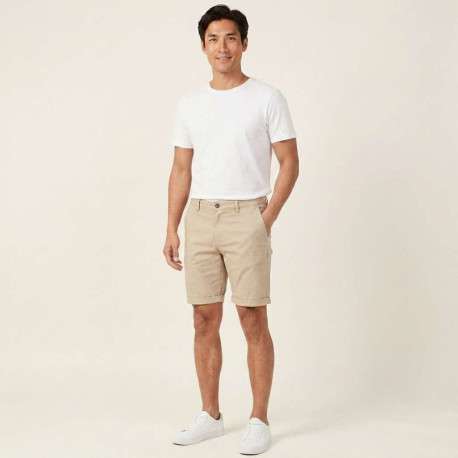 Short David en coton beige uni avec une coupe chino et des poches latérales - Image 3