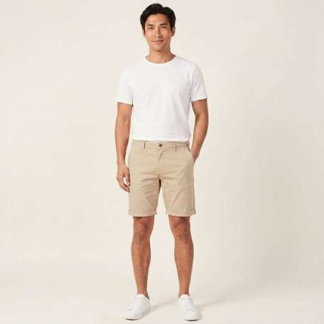 Short David en coton beige uni avec une coupe chino et des poches latérales - Image 4