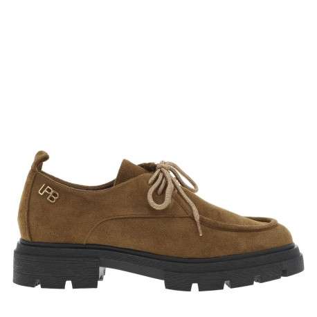 Mocassins camel à talon décroché bas avec des lacets ronds brillants - Image 2