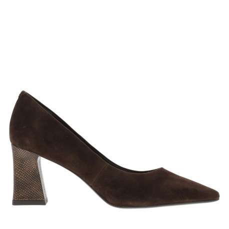 Éscarpins en cuir nubuck marron avec talon à décroché haut effet peau de serpent - Image 2