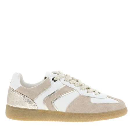 Tennis or et blanche en cuir avec un talon plat pourvu de lacets beiges - Image 2