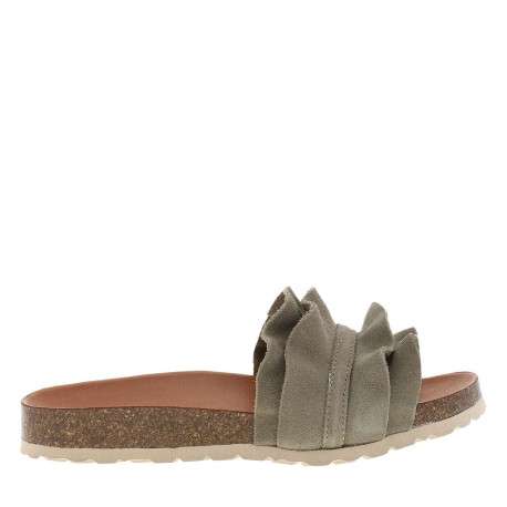 Mules en cuir kaki avec un talon plat et muni d'une large sangle - Image 2