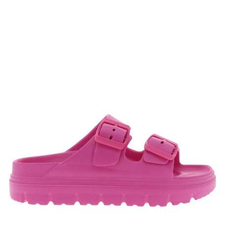 Mules fuchsia à talon plat avec des boucles à ardillon ton sur ton - Image 2