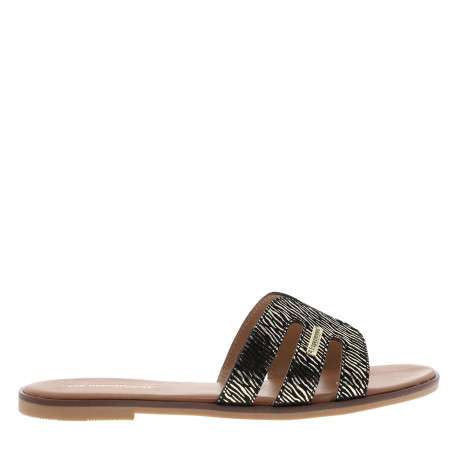 Mules en cuir noires à semelle plate avec un effet zébré doré à l'avant - Image 2