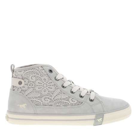 Tennis toile montante grises avec un talon plat et des lacets blancs - Image 2