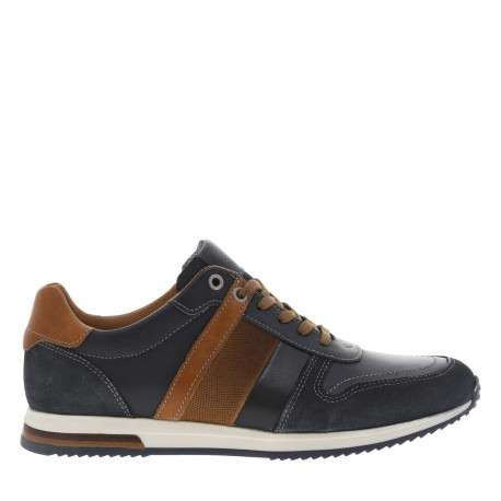 Sneakers en cuir marine et camel avec des surpiqûres grises à semelle plate - Image 2