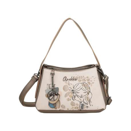 Sac à main porté épaule beige à motifs avec une poche extérieure zippée