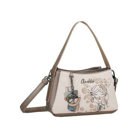 Sac à main porté épaule beige à motifs avec une poche extérieure zippée - Image 2