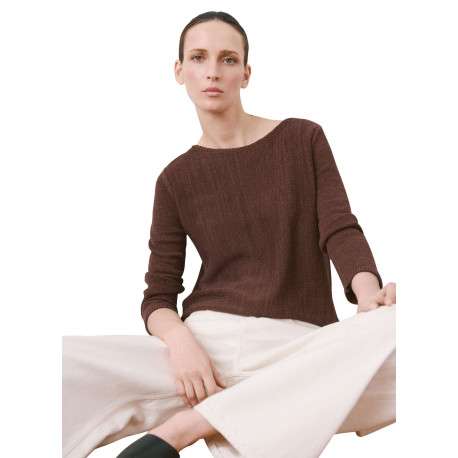 Pull marron uni pourvu d'une coupe droite et de manches longues - Image 5