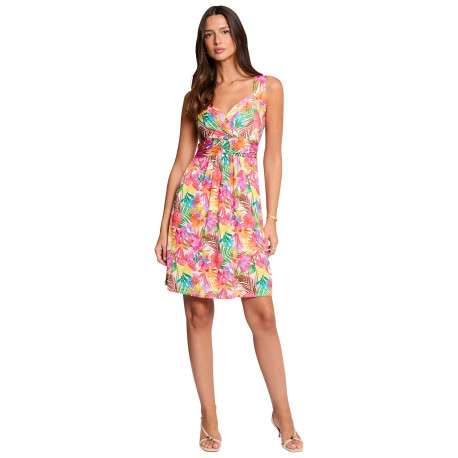 Robe courte multicolore florale avec une coupe évasée et un col en V - Image 3