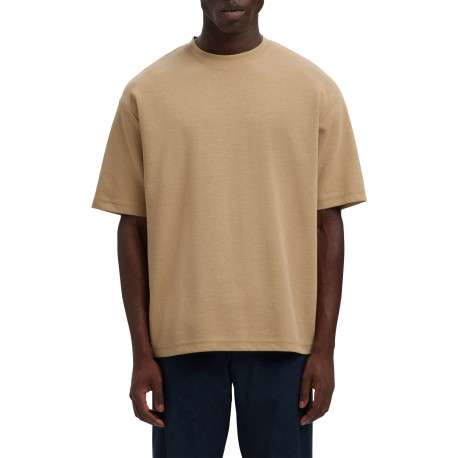 T-shirt beige uni coupe ample avec un col rond et des manches courtes - Image 2