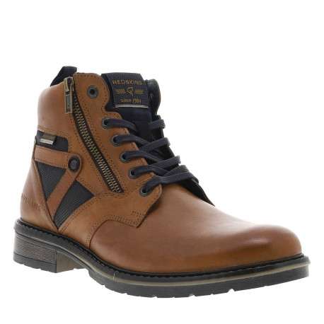 Bottines en cuir cognac à talon décroché bas avec des lacets plats et un zip - Image 4