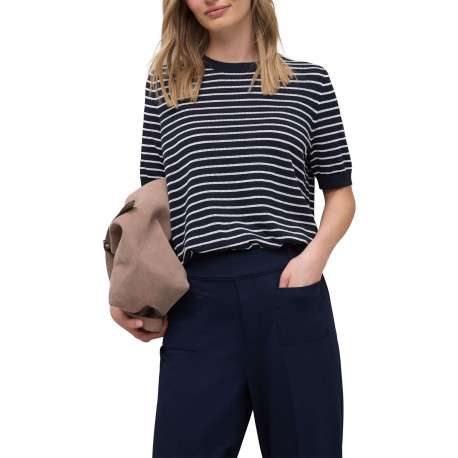 Pull marine à rayures pourvu de manches courtes et d'une coupe droite - Image 3