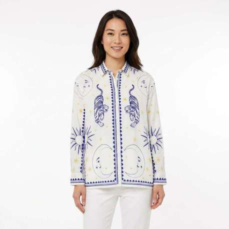 Blouse Chani blanche et bleue à motifs pourvue d'un col français - Image 2