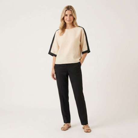 Top en lin beige uni pourvu d'une coupe droite et de manches longues - Image 5