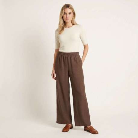 Pantalon chino chocolat uni pourvu d'une coupe large et d'une taille haute - Image 6