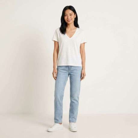 T-shirt en lin blanc uni pourvu d'une coupe droite et d'un col v - Image 4