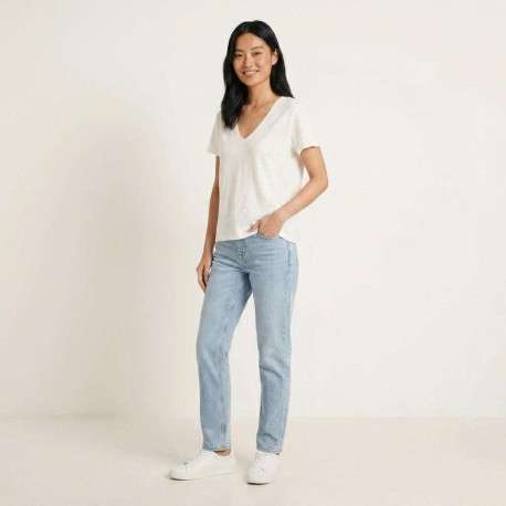 T-shirt en lin blanc uni pourvu d'une coupe droite et d'un col v - Image 5