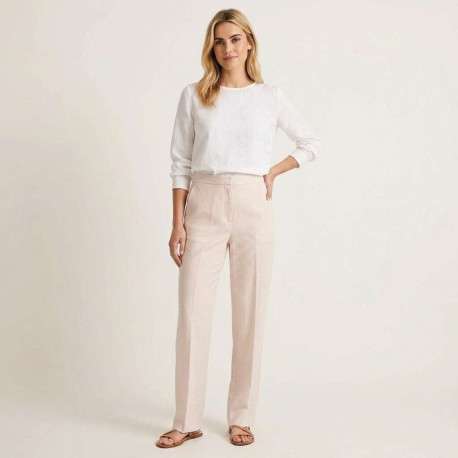 Pantalon chino en lin beige uni pourvu d'une taille intermédiaire - Image 6