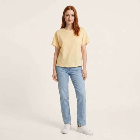 T-shirt en lin jaune uni pourvu d'une coupe droite et d'un col rond - Image 4