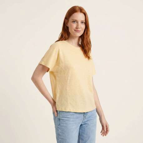 T-shirt en lin jaune uni pourvu d'une coupe droite et d'un col rond - Image 5
