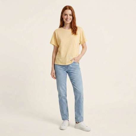 T-shirt en lin jaune uni pourvu d'une coupe droite et d'un col rond - Image 6