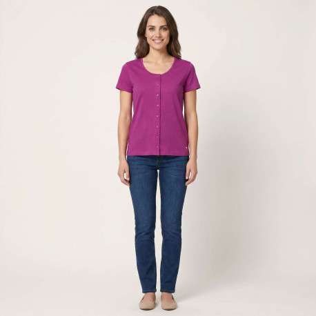T-shirt en coton fuchsia uni pourvu d'un col rond de manches courtes - Image 4