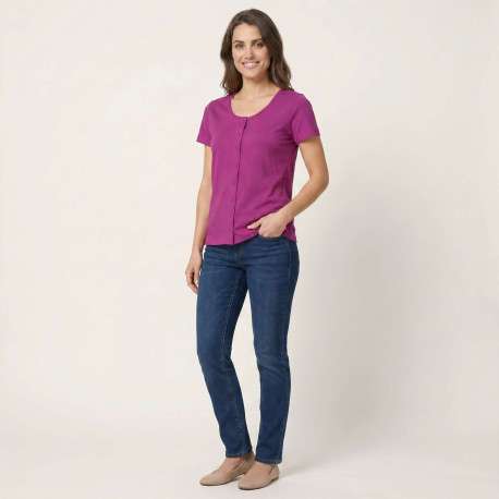 T-shirt en coton fuchsia uni pourvu d'un col rond de manches courtes - Image 5