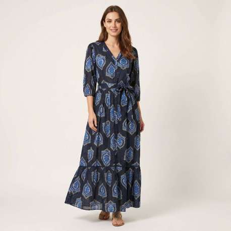 Robe longue en coton marine imprimée pourvue d'une coupe large - Image 4