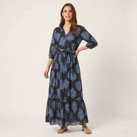 Robe longue en coton marine imprimée pourvue d'une coupe large - Image 5