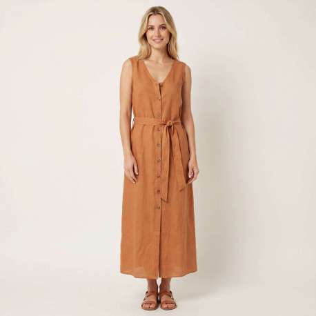 Robe longue brique unie pourvue d'une coupe large et d'un décolleté en V - Image 4