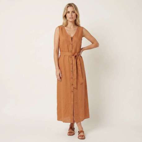 Robe longue brique unie pourvue d'une coupe large et d'un décolleté en V - Image 5