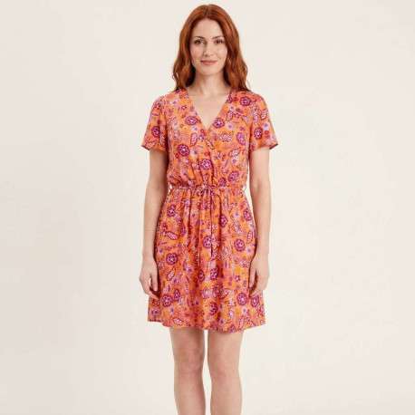 Robe courte orange florale pourvue d'une coupe évasée et des manches courtes - Image 4