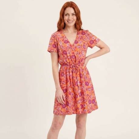 Robe courte orange florale pourvue d'une coupe évasée et des manches courtes - Image 5