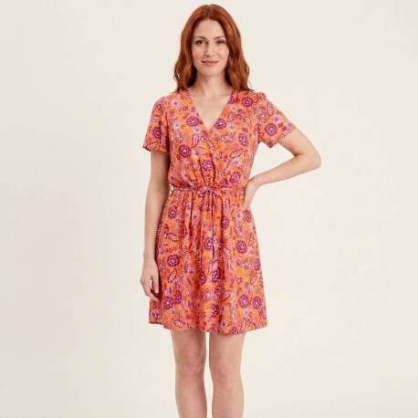 Robe courte orange florale pourvue d'une coupe évasée et des manches courtes - Image 6