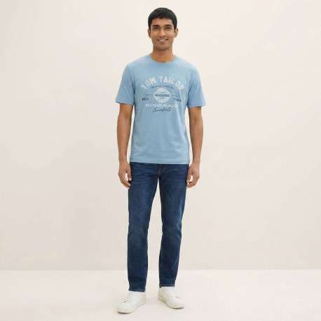 T-shirt en coton bleu avec un imprimé de la marque et une coupe droite - Image 3