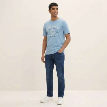 T-shirt en coton bleu avec un imprimé de la marque et une coupe droite - Image 4